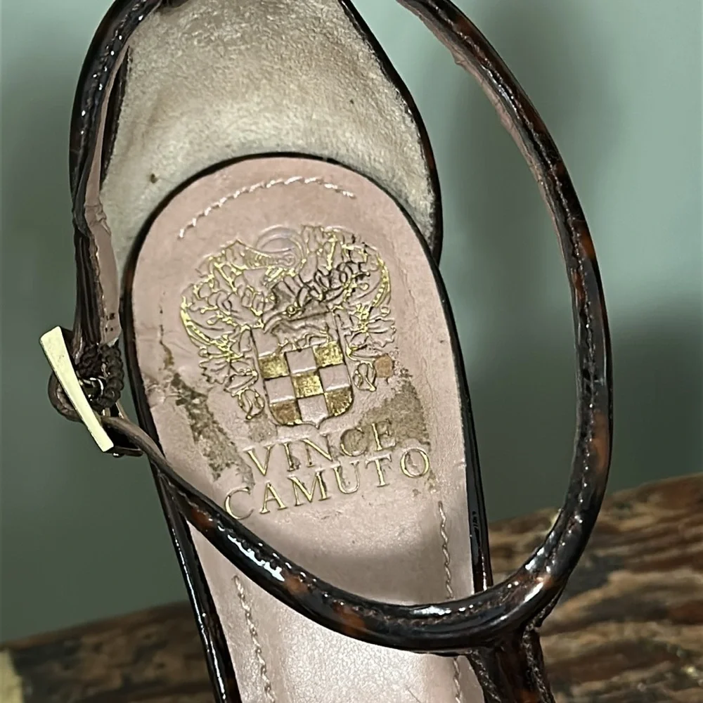 VINCE CAMUTO Tezer Tortoise Shell Patent Leather T-Strap Heels